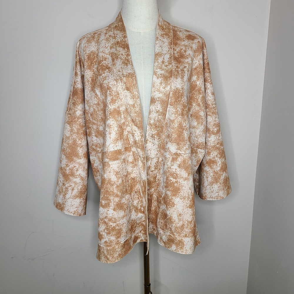 Anthropologie Solitaire Tan White‎ Suedette Open Front Kimono Sleeve Jacket Sz L